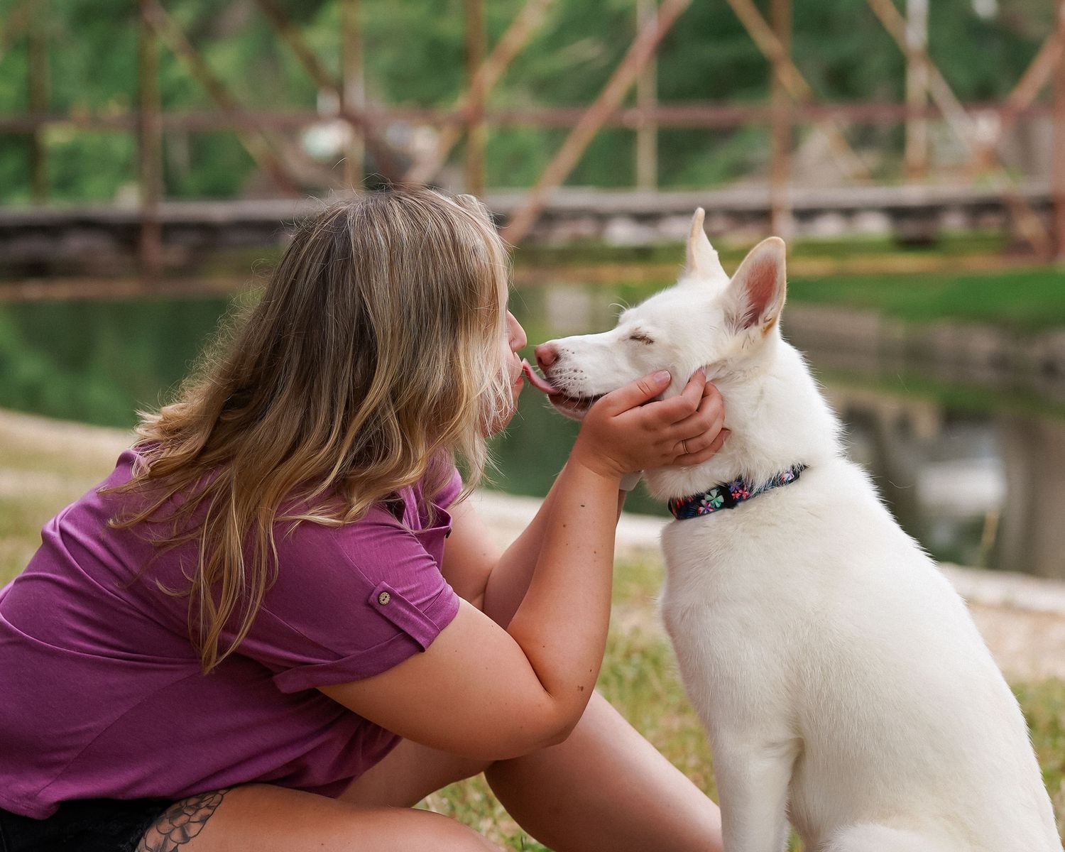 White dog and companion share tender moment by pond.