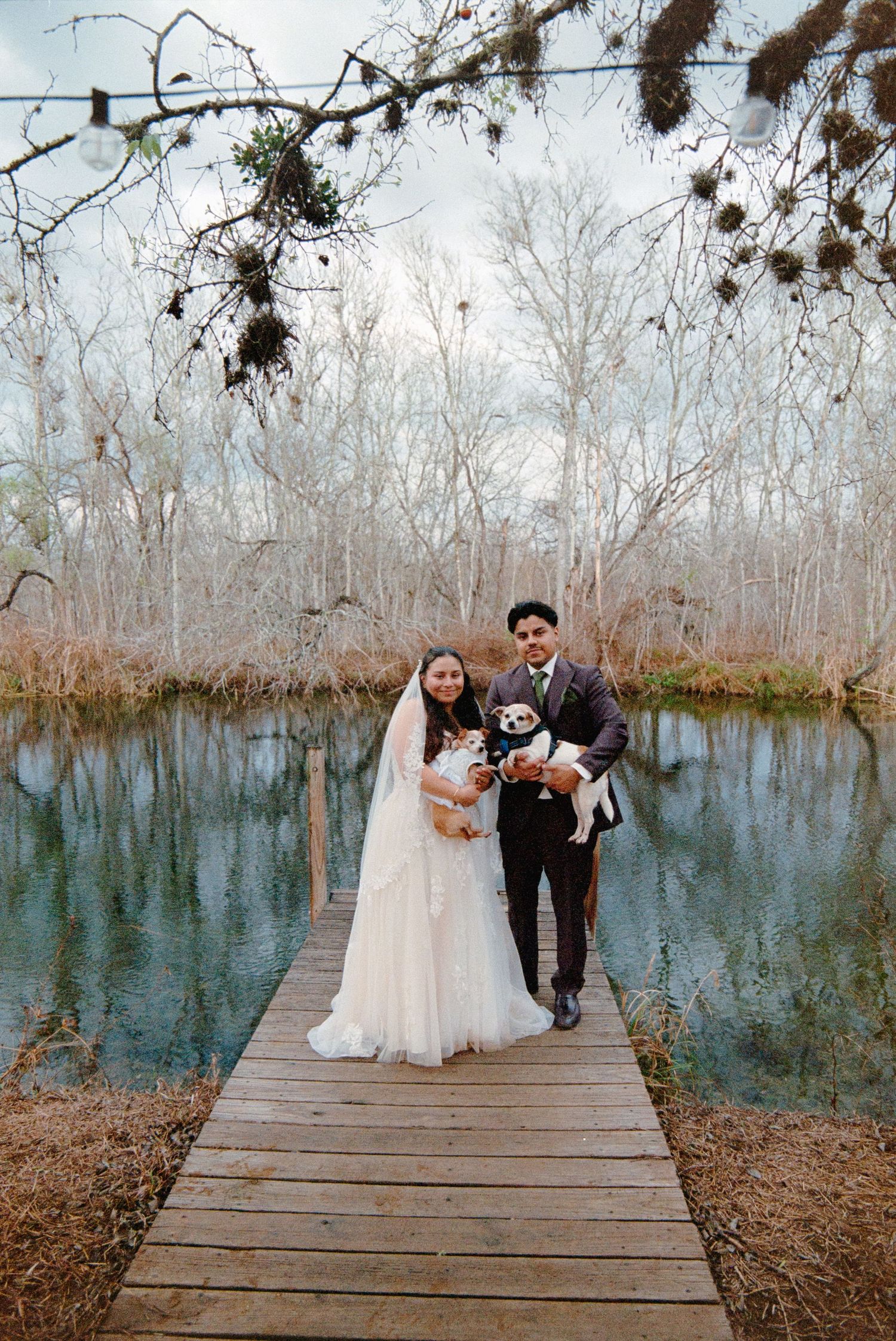 couple on their wedding day holding their pets