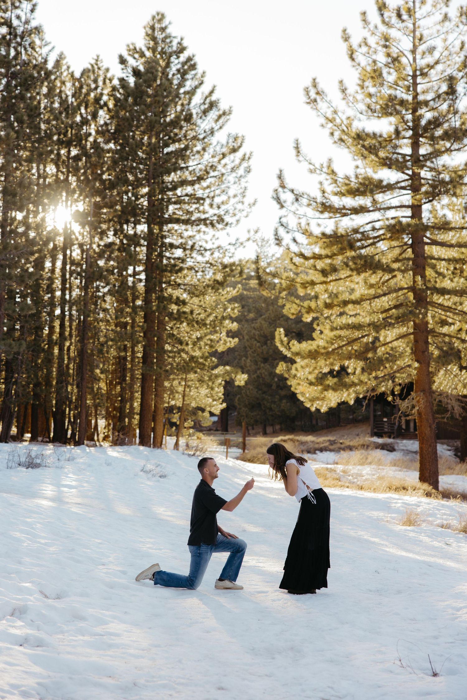 Man proposing on one knee in snowy forest clearing to woman in black dress at sunset.