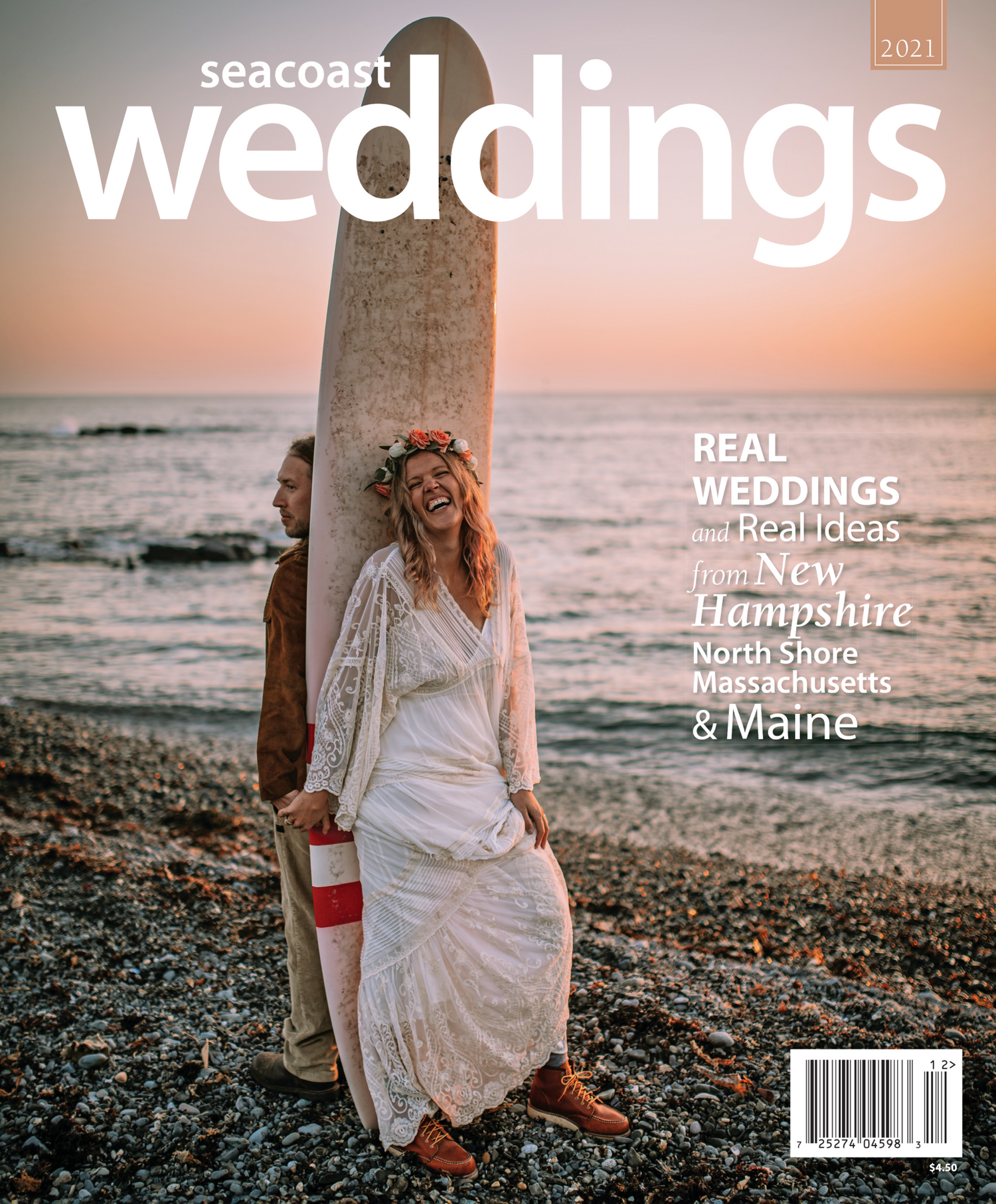 Seacoast Weddings magazine cover featuring coastal wedding scene at sunset.