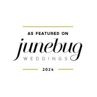 A Junebug Weddings 2024 featured wedding logo badge in black and gold.