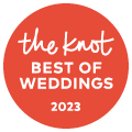 Red and white circular badge for The Knot Best of Weddings 2023 award.