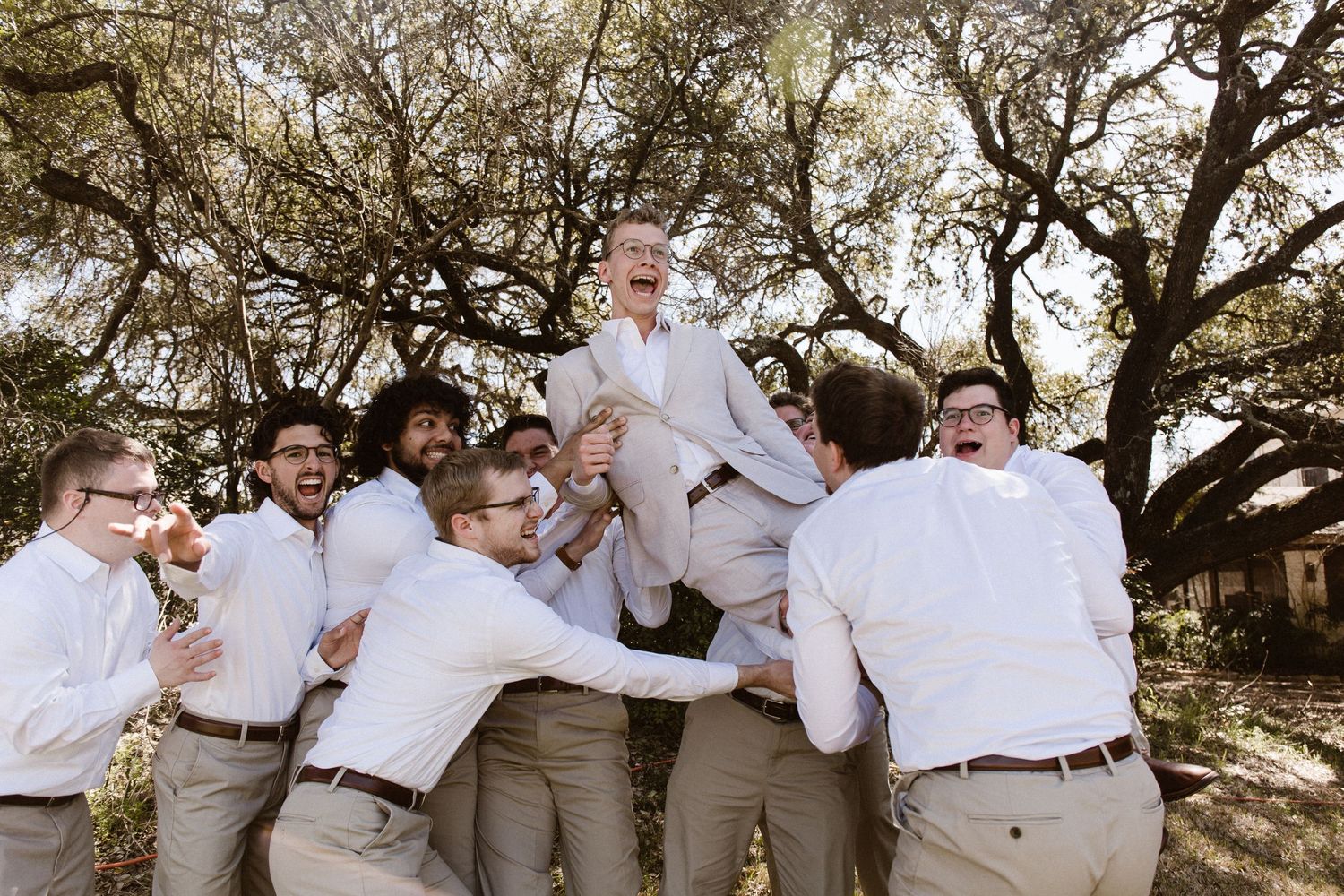 Excited groomsmen in white shirts lift the groom in a tan suit into the air under oak trees in a joyful celebration.