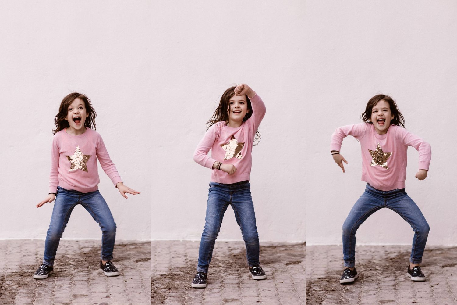 Triptych of energetic young girl in pink unicorn sweater and jeans posing expressively outdoors.