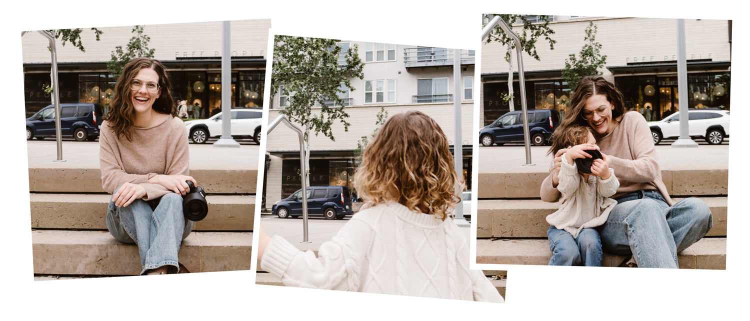Collage of two women laughing and connecting on outdoor bench in urban setting.