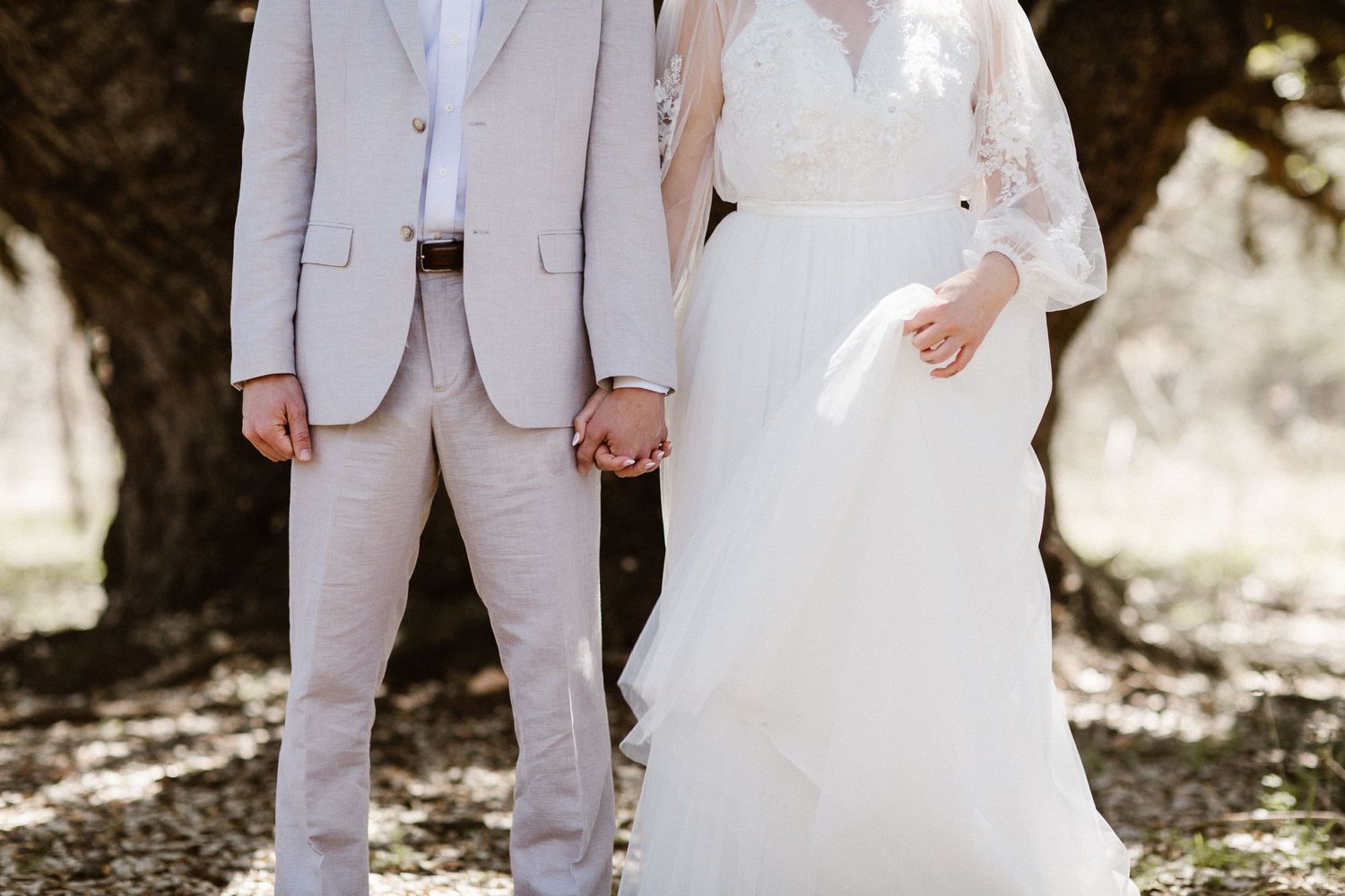 Bride and groom holding hands in elegant wedding attire standing beneath a beautiful olive tree outdoors.