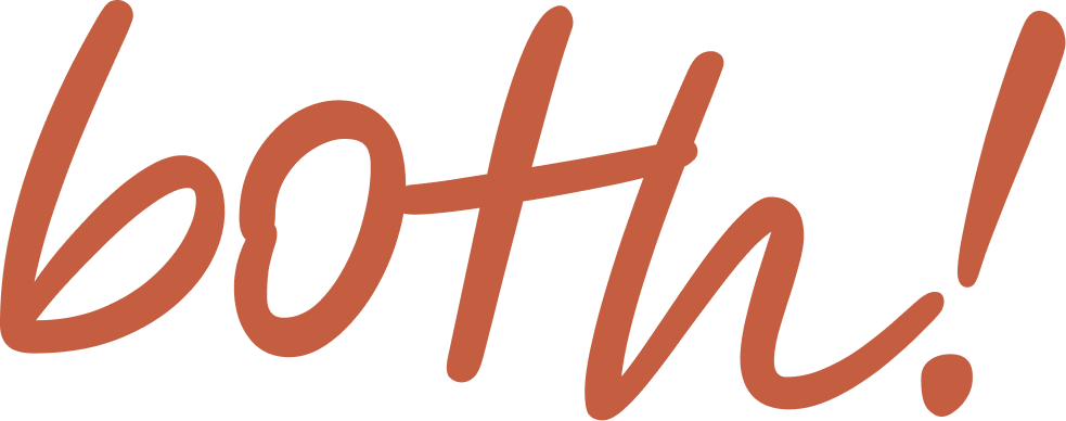 Hand-drawn terracotta script text reading both! in casual handwriting style.