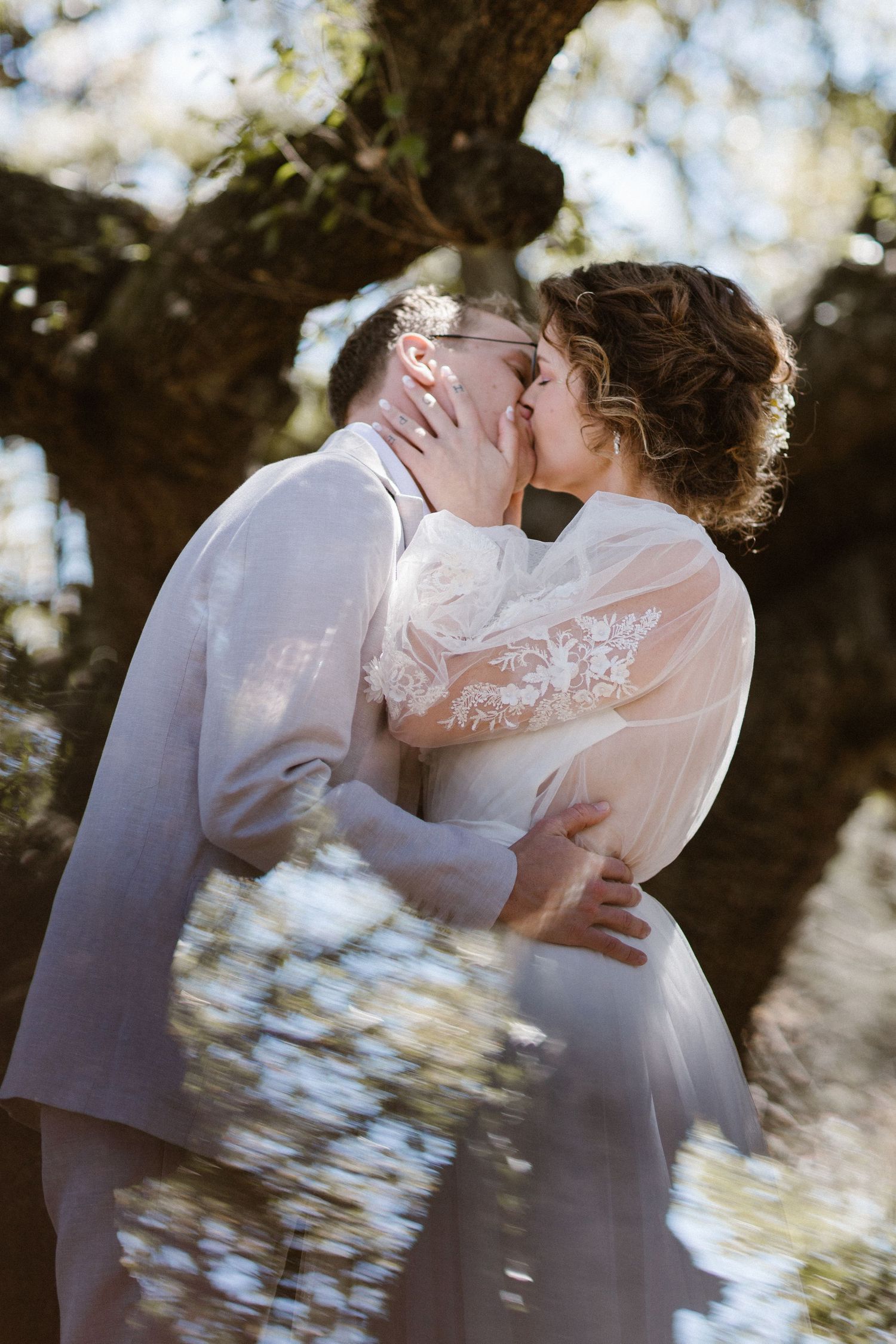 Bride and groom share passionate kiss beneath sunlit oak tree during outdoor wedding celebration.