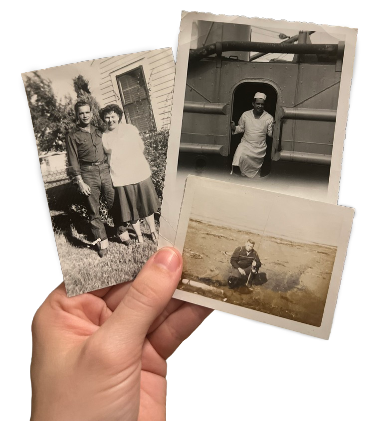 Hand holding three vintage black and white photographs of people from mid-20th century era.
