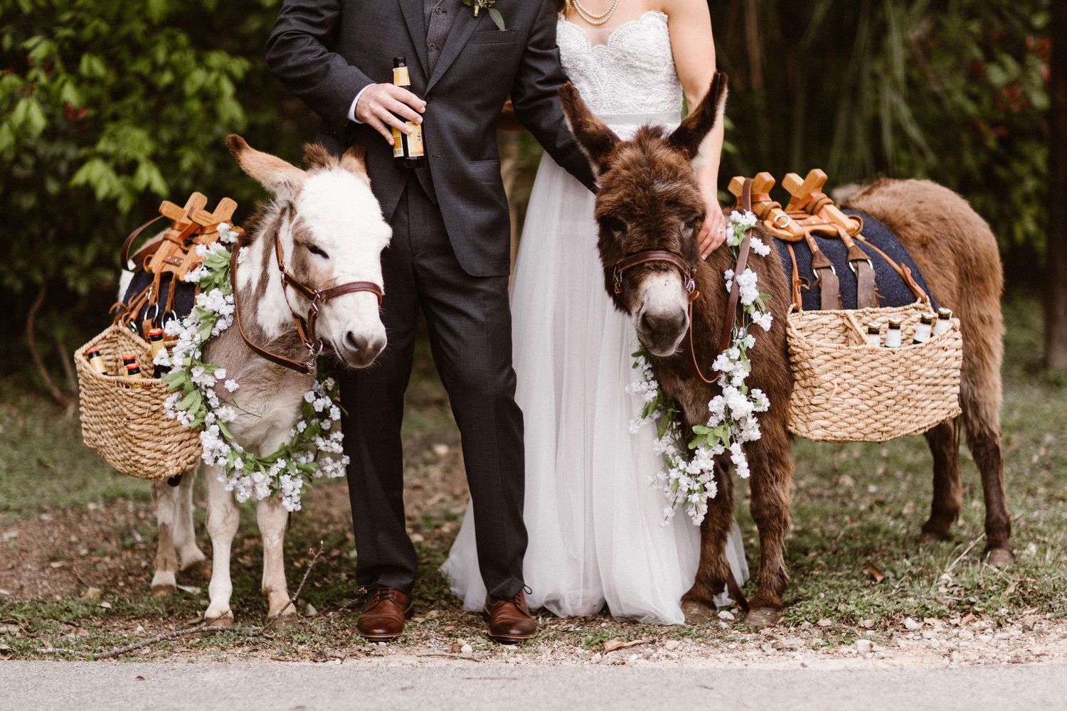 Bride and groom posing with two decorated donkeys carrying floral baskets at outdoor wedding.