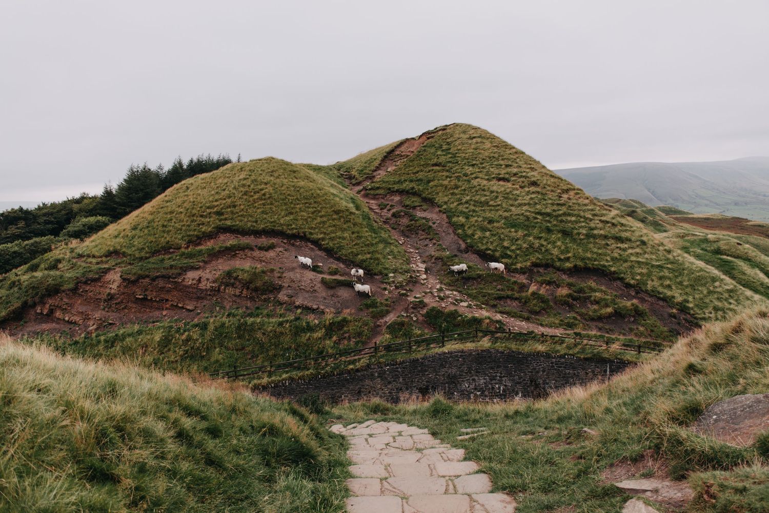 Mossy green hills with stone path on overcast day in rugged highland landscape.