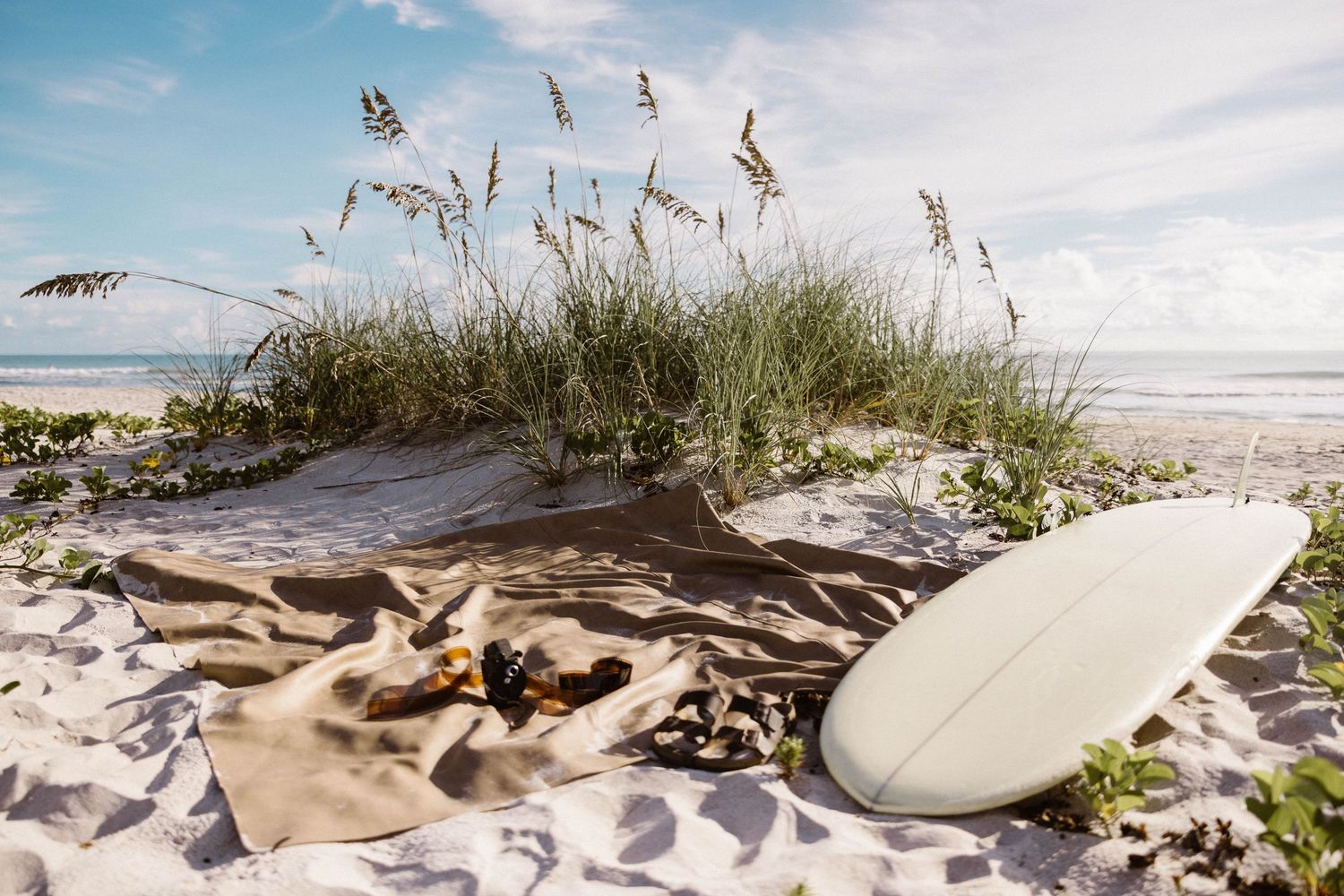 A white surfboard leans against beach grass on sandy dunes with a blanket and ocean view.
