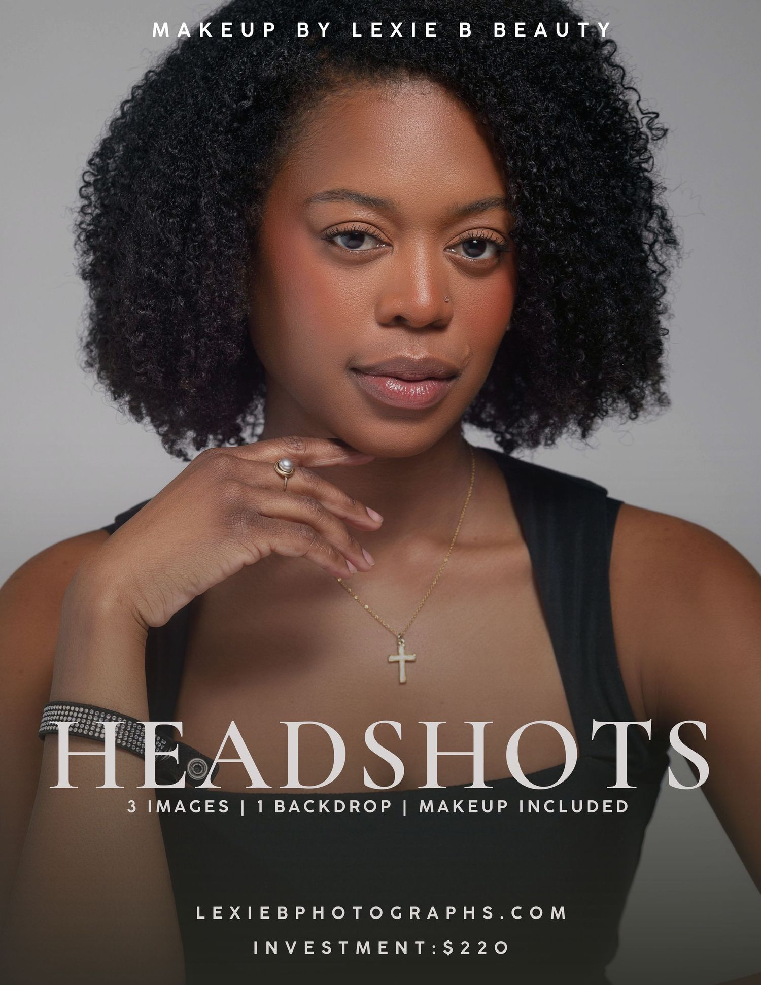 Professional headshot photography package promo featuring a Black woman with natural hair wearing a cross necklace, $220 investment.