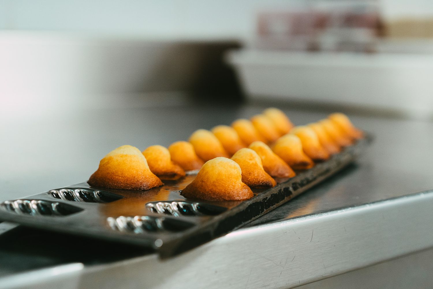 Rows of small golden madeleine cakes cooling on a dark baking tray in a professional bakery kitchen.