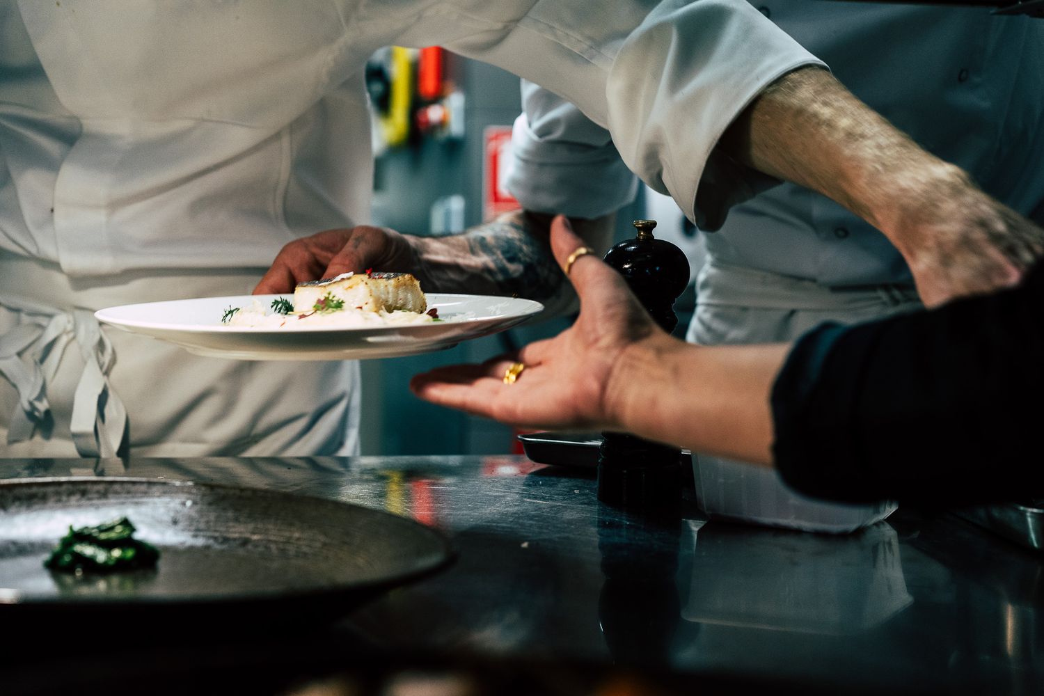 Professional chefs plating a gourmet dish with microgreens in a busy restaurant kitchen.