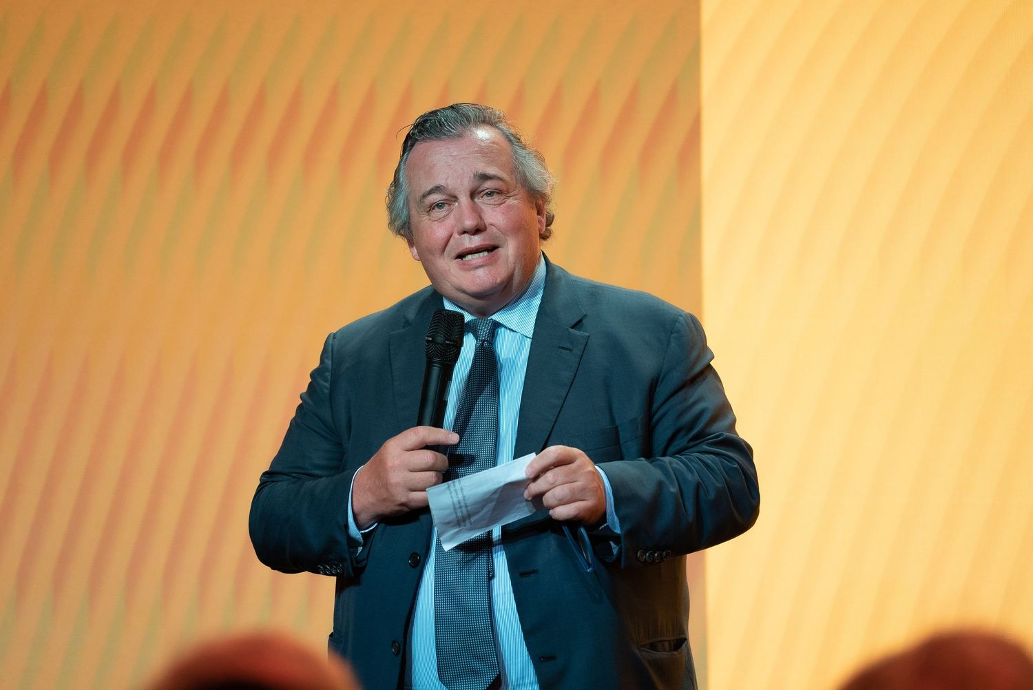 Smiling man in a grey suit speaking into a microphone at a formal corporate event.