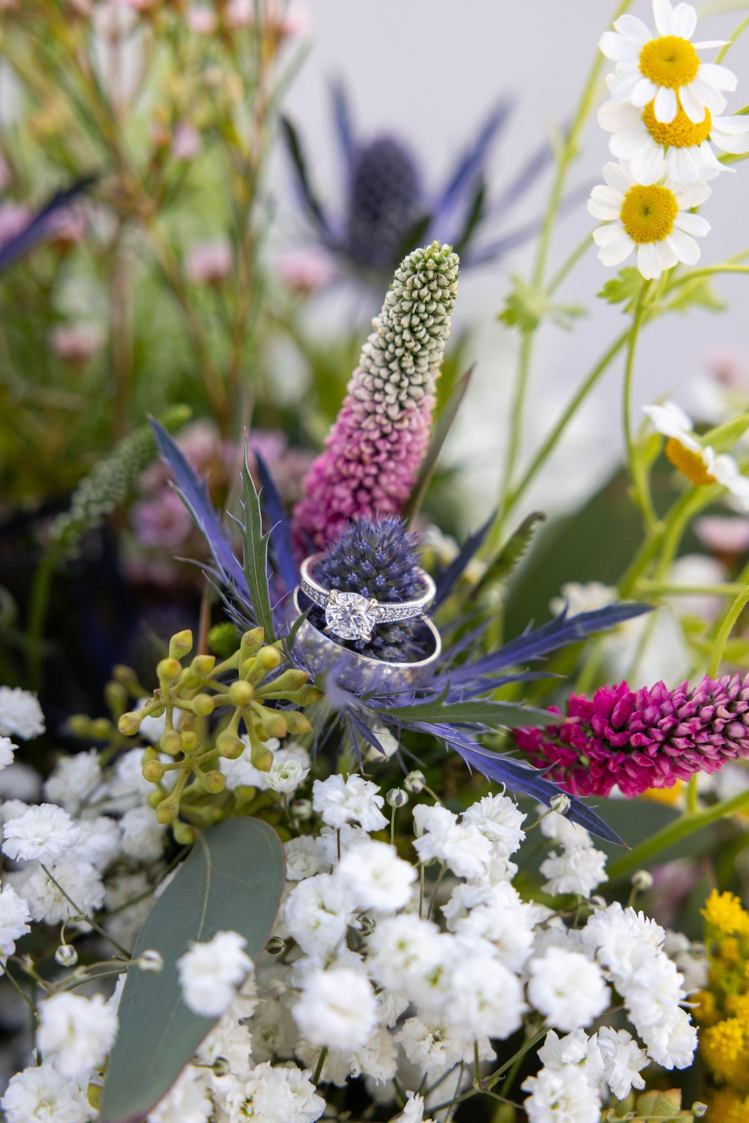 Wedding rings nestled among colorful wildflowers including daisies, purple veronica spikes, and baby's breath in a rustic bouquet.