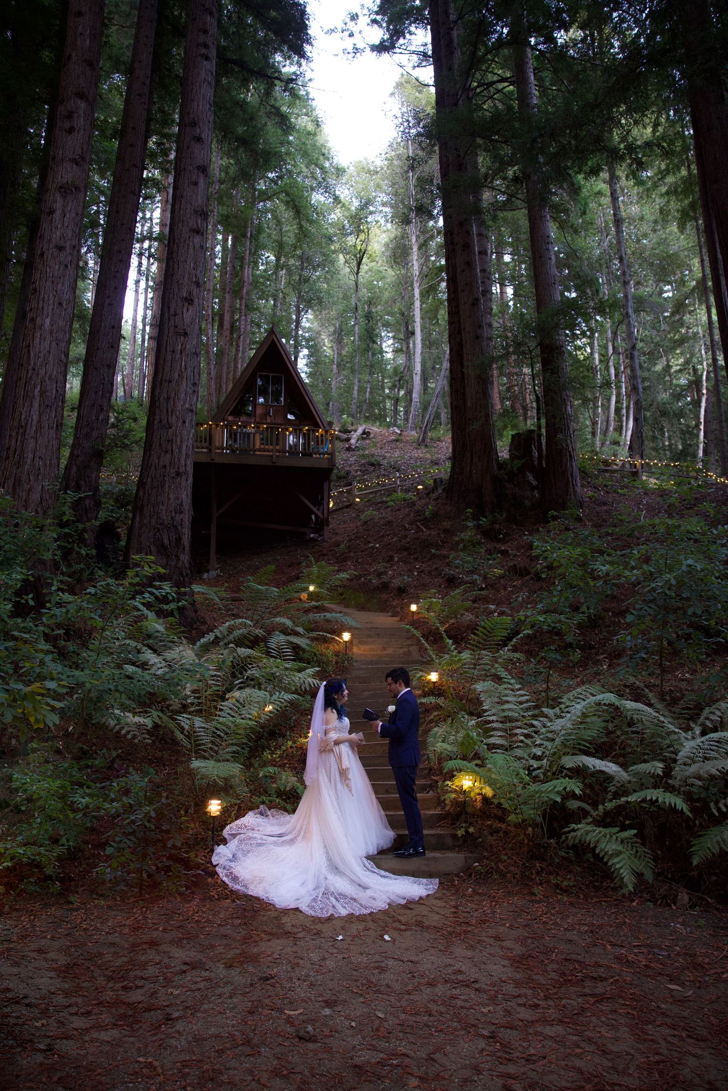 A romantic wedding ceremony takes place in a misty redwood forest with soft glowing lights along the path.