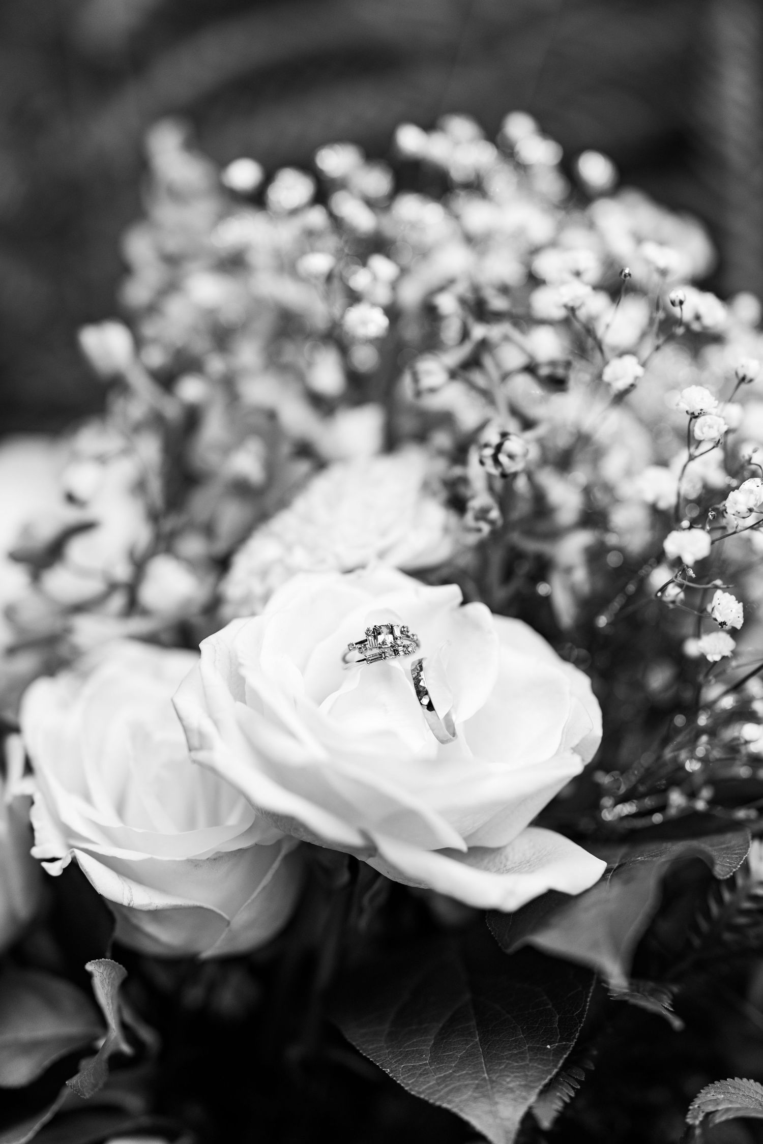 Black and white photograph of delicate white roses and baby's breath flowers arranged in a soft, romantic composition.