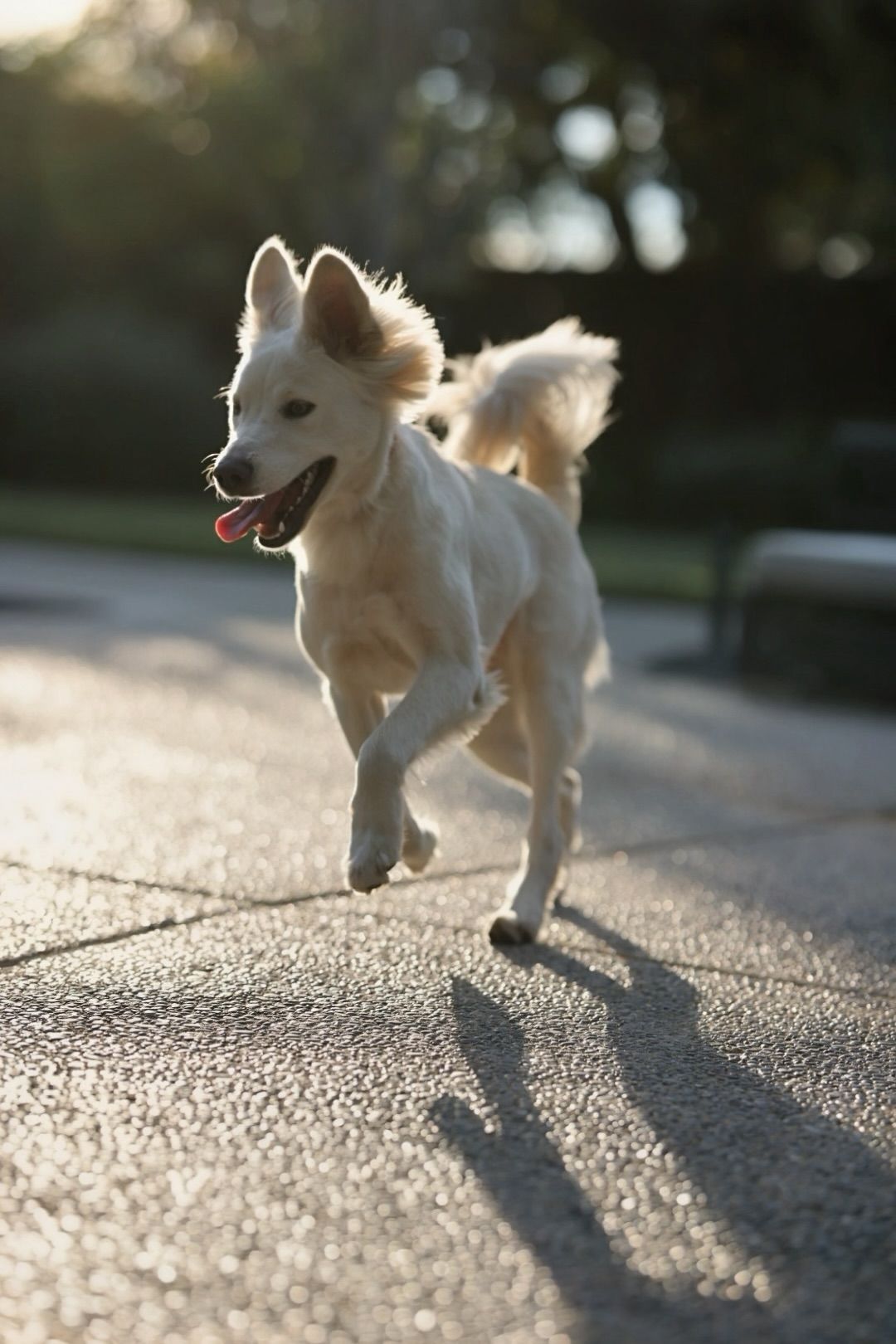 White fluffy dog running and playing in sunlight on pavement.