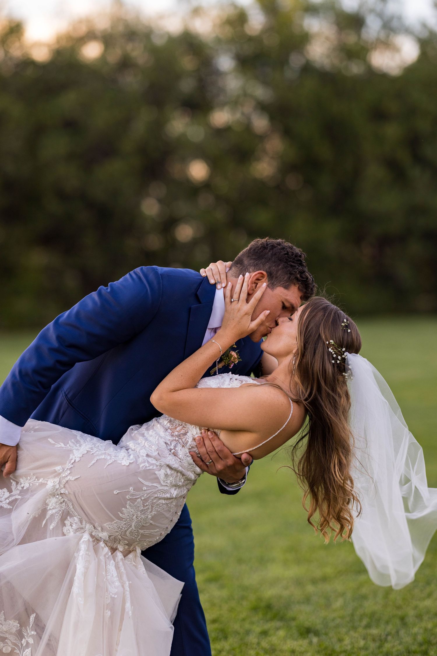 A series of romantic wedding photos showing a couple in a dramatic dip pose on a grassy lawn.