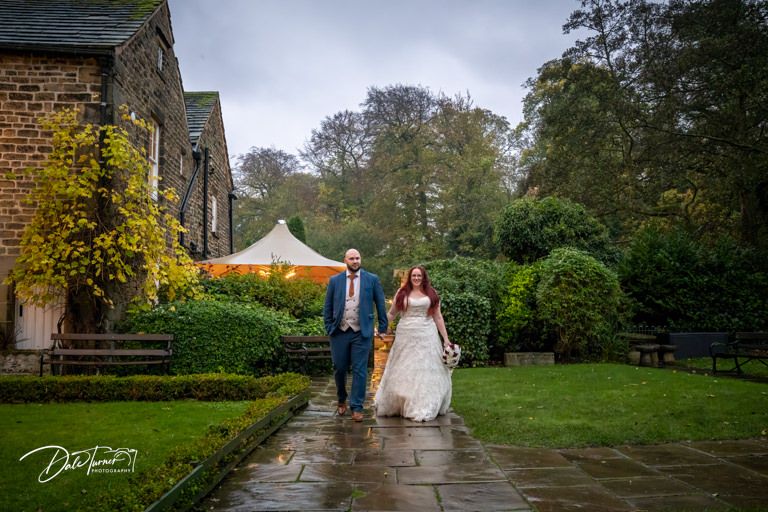Wedding venue exterior shots featuring stone architecture and landscaped gardens.