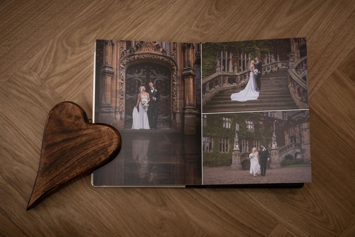 Professional wedding album spread displaying venue and ceremony photographs.