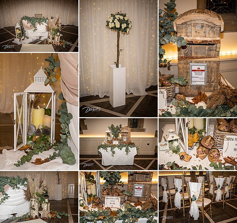 Wedding reception decor details featuring lanterns, floral arrangements and rustic elements.