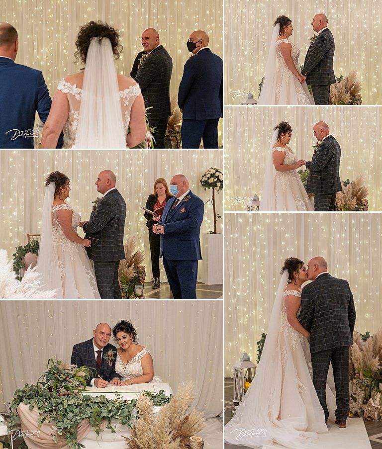 A collection of wedding ceremony moments captured in a photo collage with sparkly backdrop.