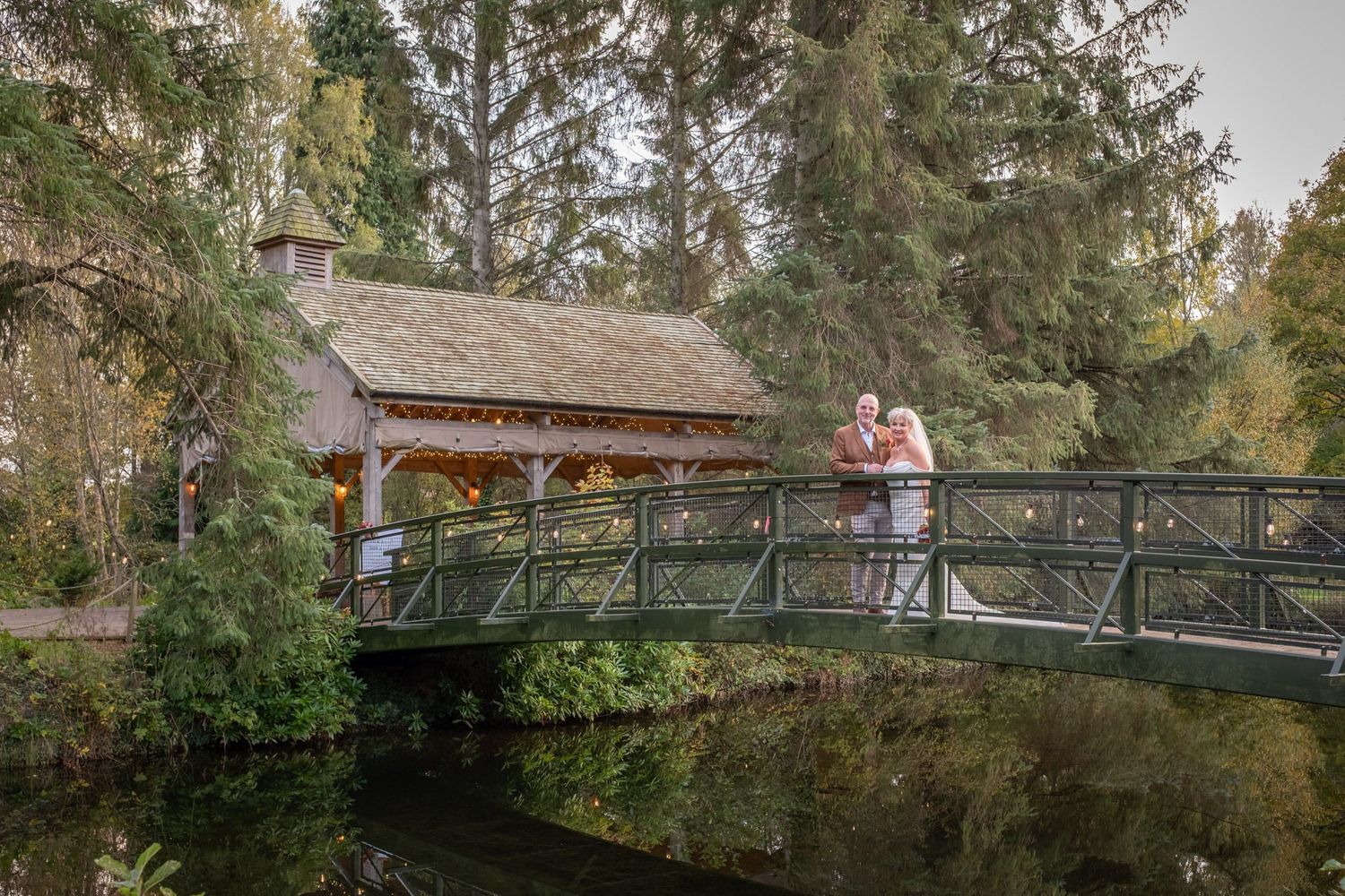 Long wooden footbridge surrounded by evergreen trees in a natural outdoor setting.