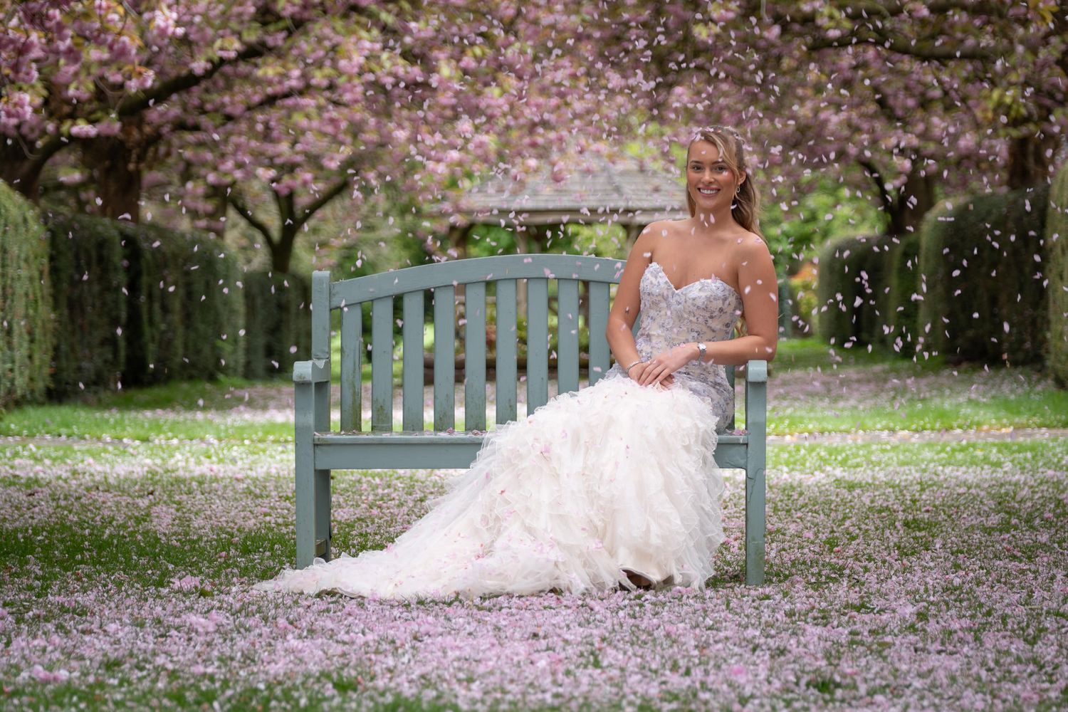 Cherry blossoms create a romantic setting for a wedding photoshoot on a garden bench.