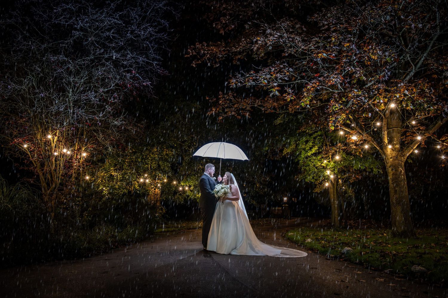 Evening wedding photography with twinkling lights and umbrellas creating a magical atmosphere.