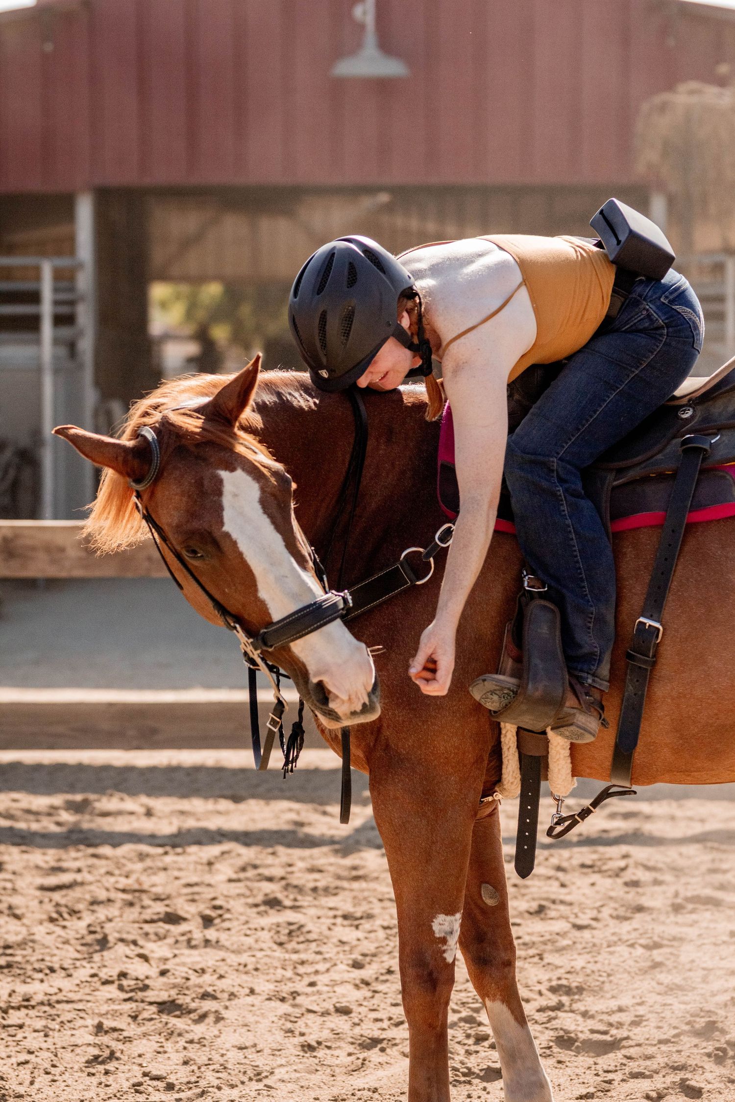 Girl praises horse for good work