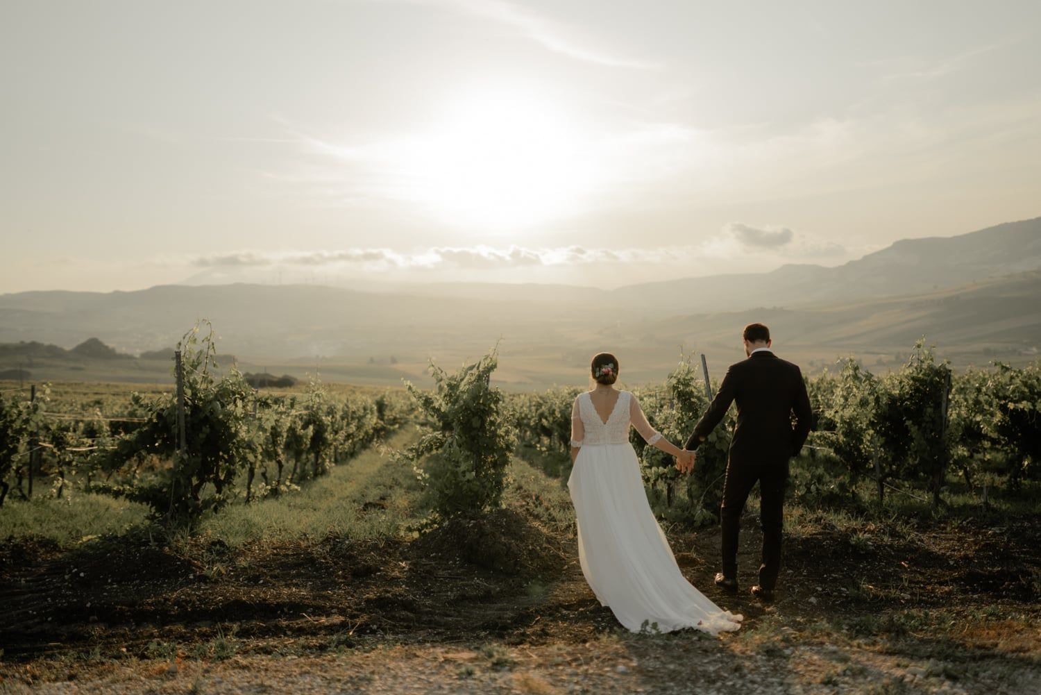 Bride and groom walking through a sunlit vineyard with rolling mountains in the background at golden hour.