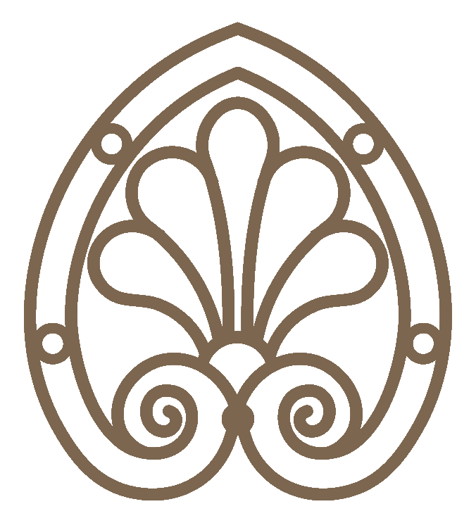 Ornate decorative brown logo featuring a floral fan design with scrollwork and circular accents in an arch-shaped frame.