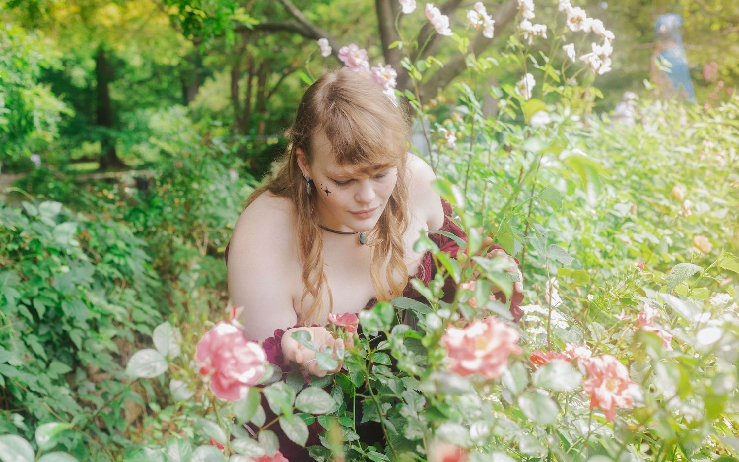 Dreamy garden setting with blooming flowers and soft natural sunlight filtering through leaves.