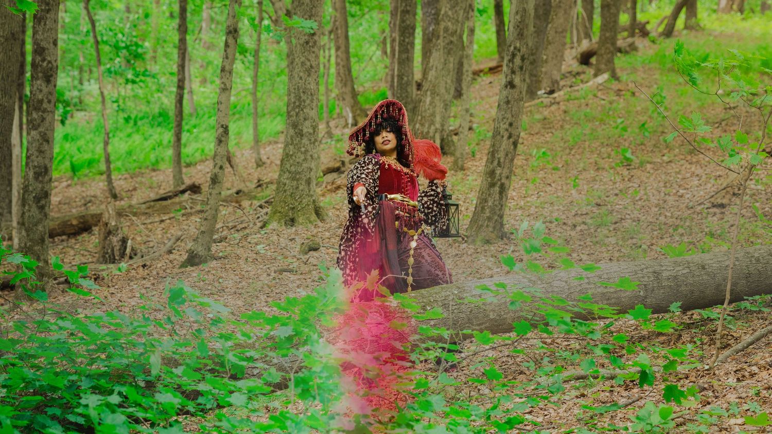 Woman in vibrant traditional attire poses in forest with pink smoke effect.