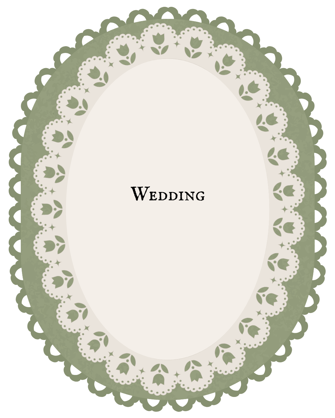 Elegant oval wedding frame with sage green border and decorative white lace doily pattern, featuring the word Wedding in classic typography.