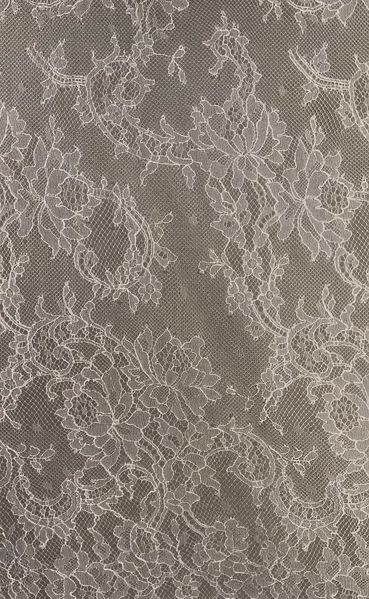 Delicate floral lace fabric in ivory with intricate flower and scroll patterns on fine mesh netting.