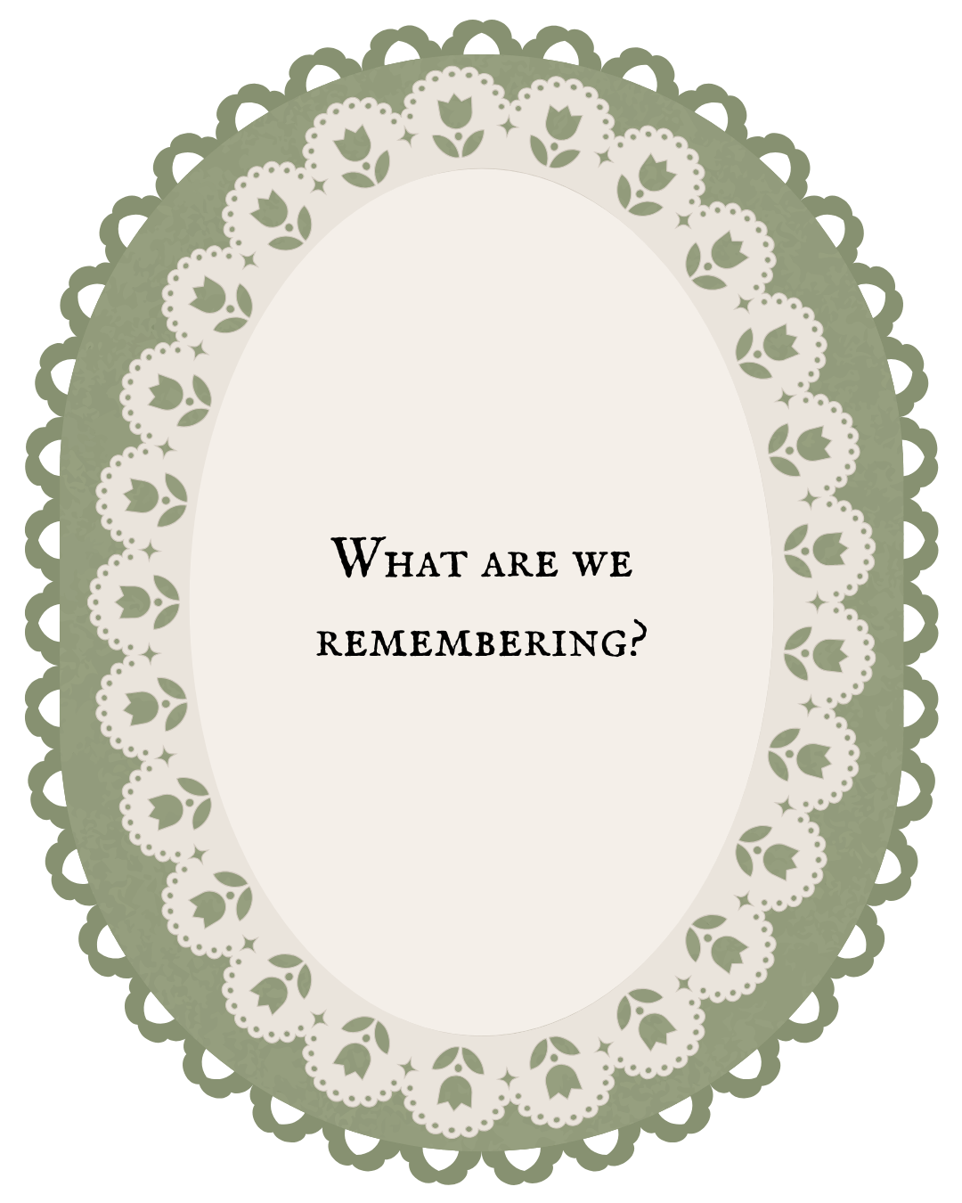 Decorative oval frame with lace border in sage green, featuring the text What are we remembering? on cream background.