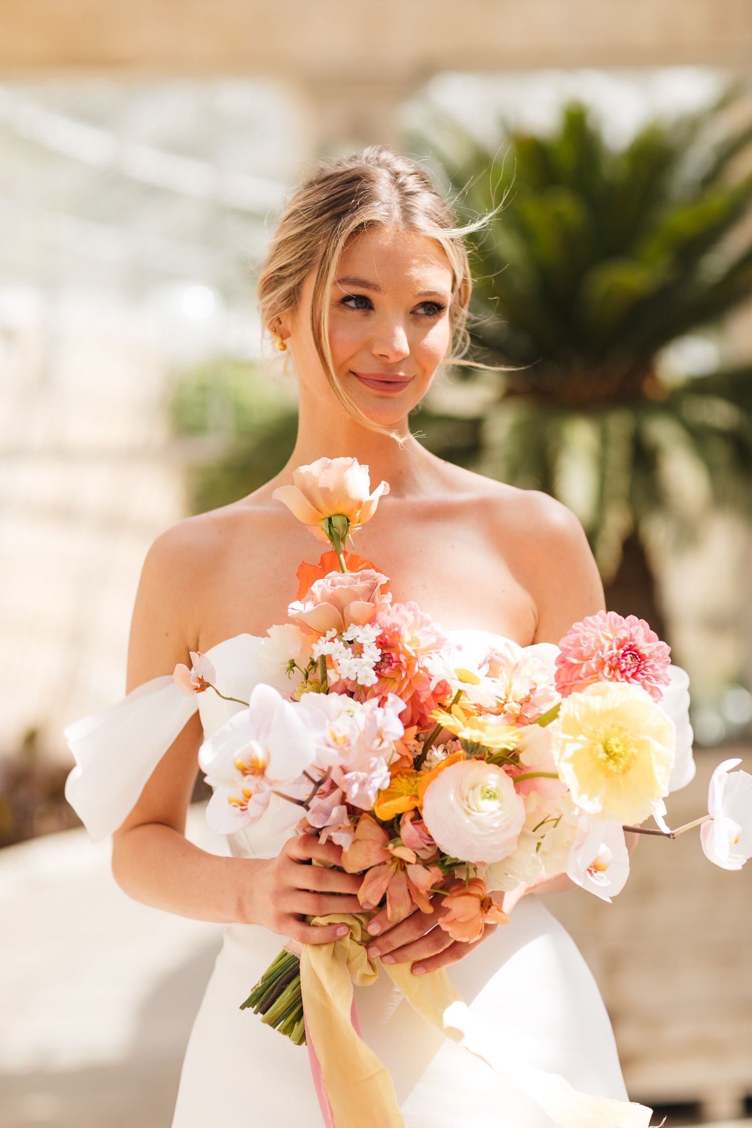 Bridal portrait at Syon Park London, luxury spring wedding styling with colourful bouquet details