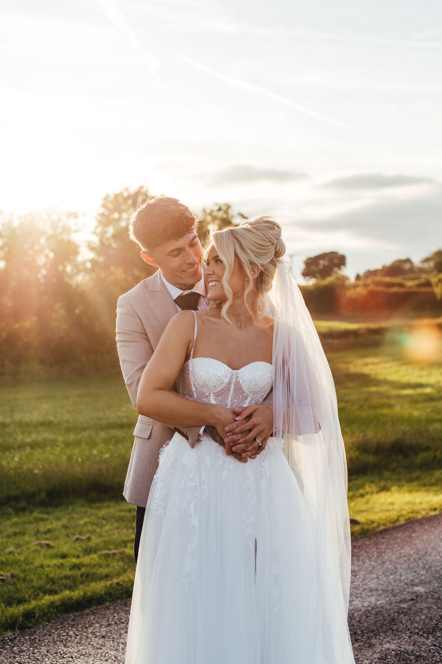 Golden hour wedding portrait at Grangefields Derbyshire, natural documentary style East Midlands barn wedding photography