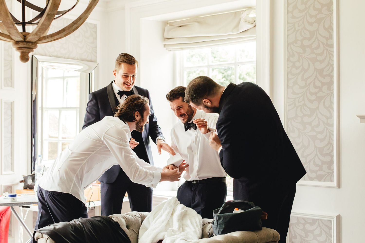 Barnett Hill Hotel Surrey groomsmen getting ready, elegant summer wedding photography at country house venue