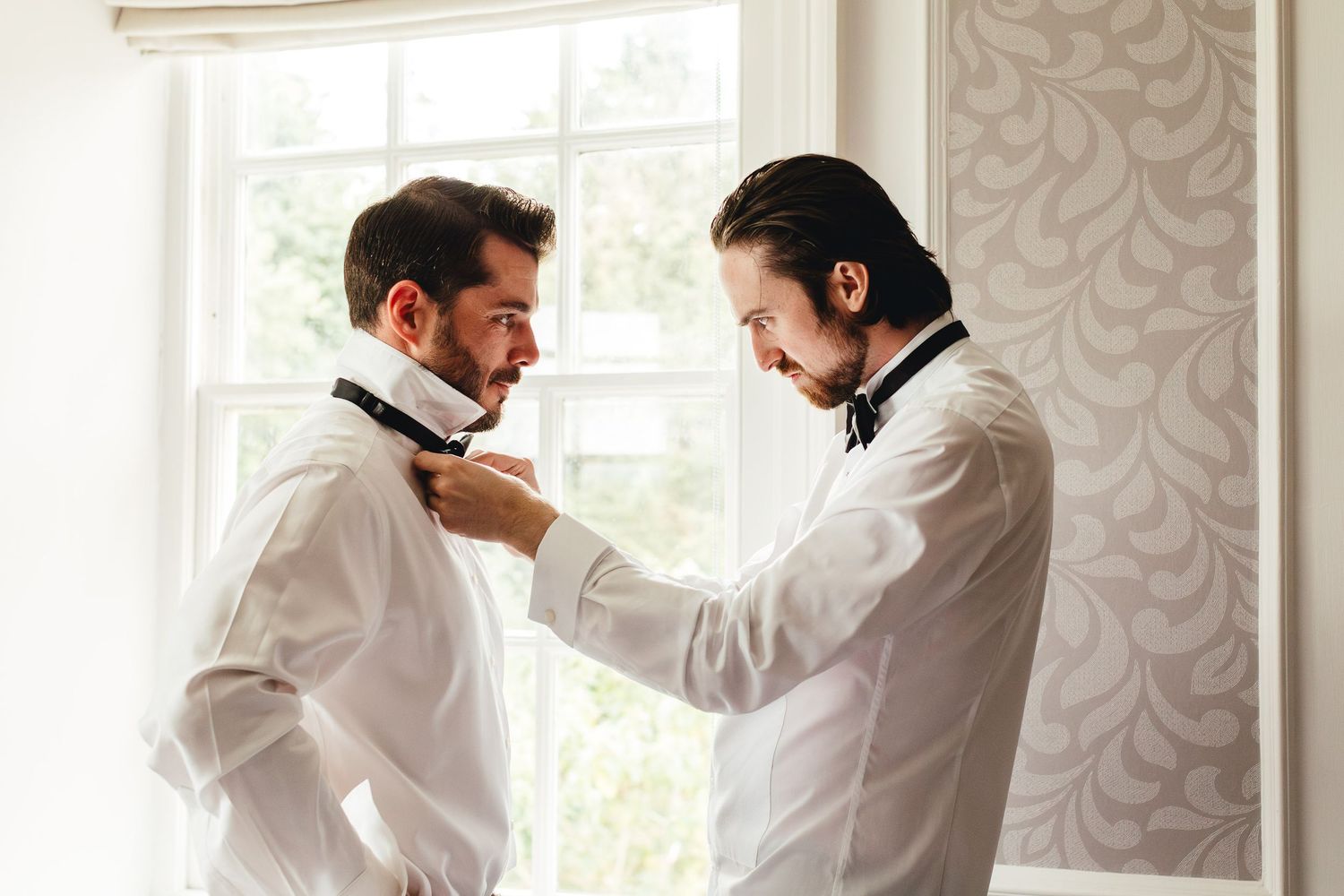 Barnett Hill Hotel Surrey groom prep, modern summer wedding photography at luxury country house venue