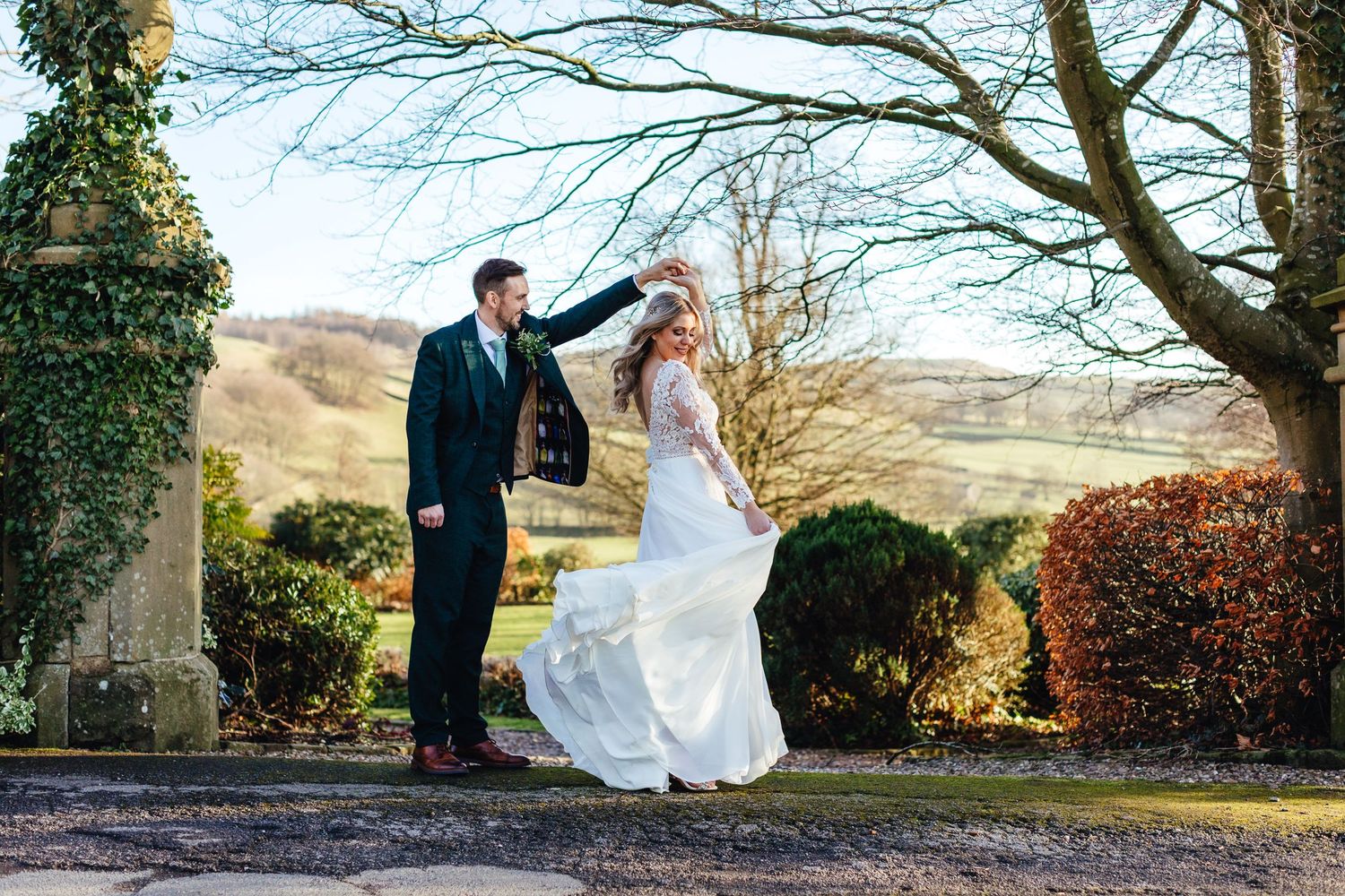 Romantic couple portrait at Falcon Manor Settle, elegant North Yorkshire country house wedding photography