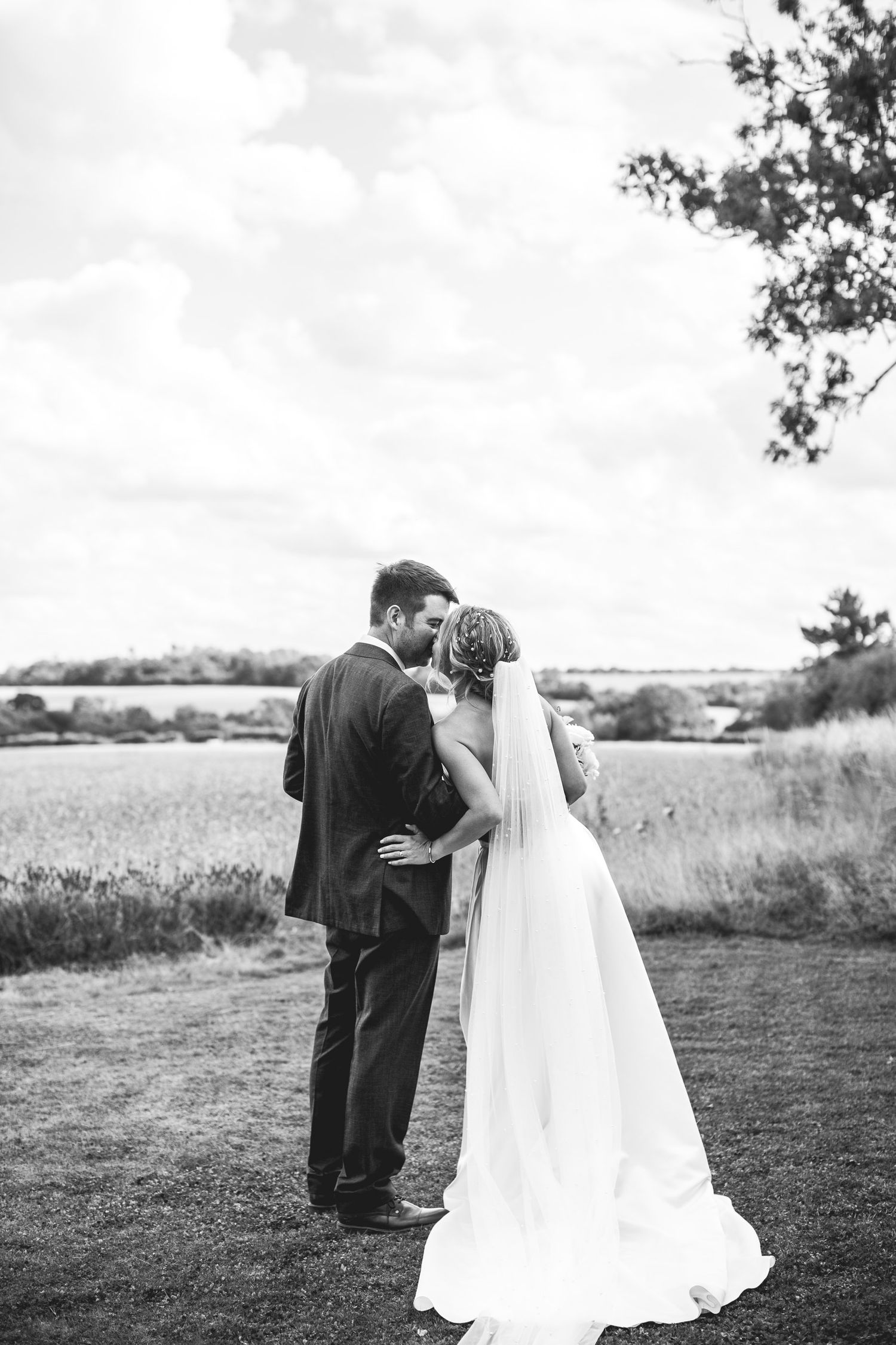 Black and white wedding portrait at Huntsmill Farm, candid countryside wedding photography