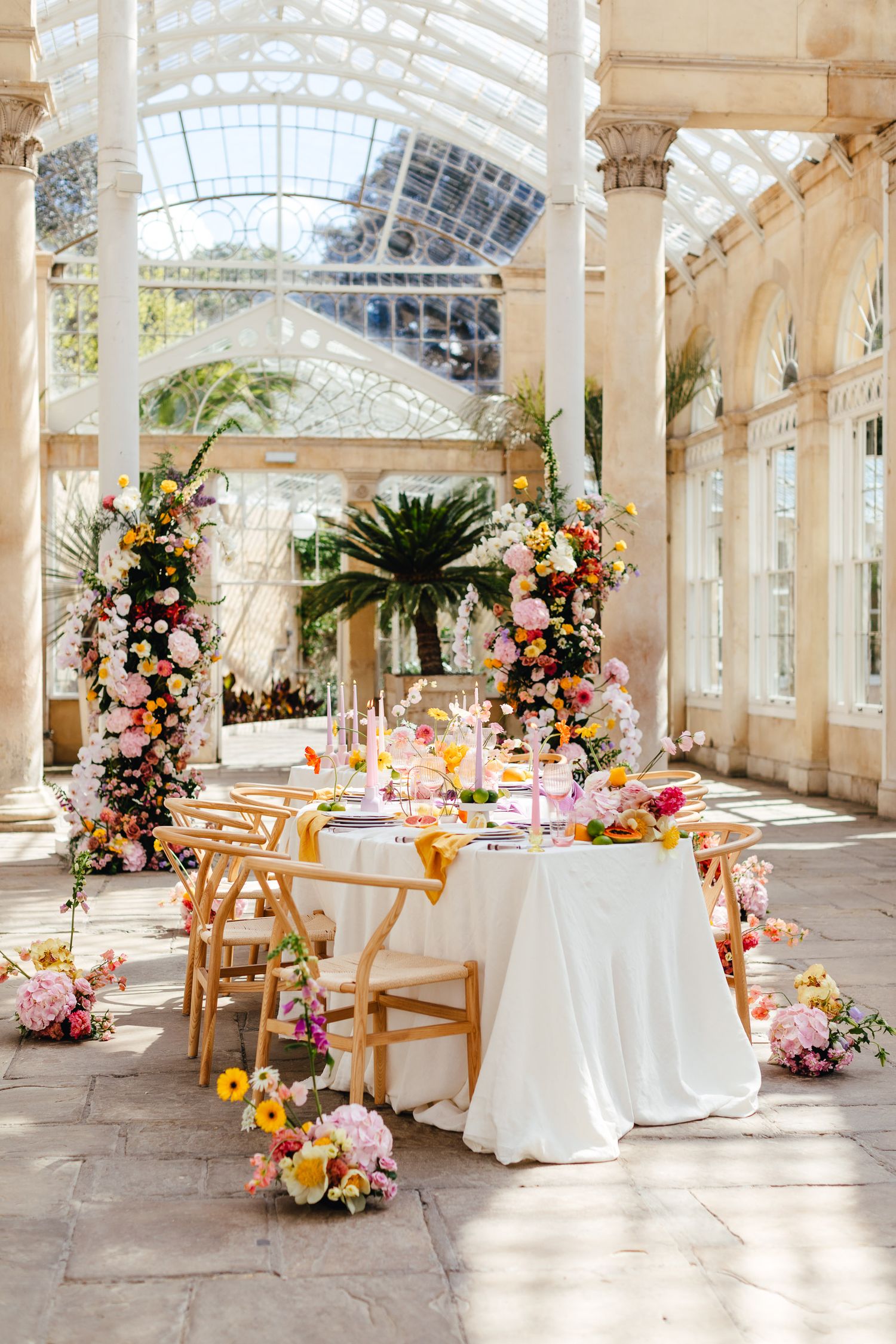 Spring wedding breakfast styling at Syon Park Orangery, London, photographed by Derbyshire wedding photographer Mimi Foster
