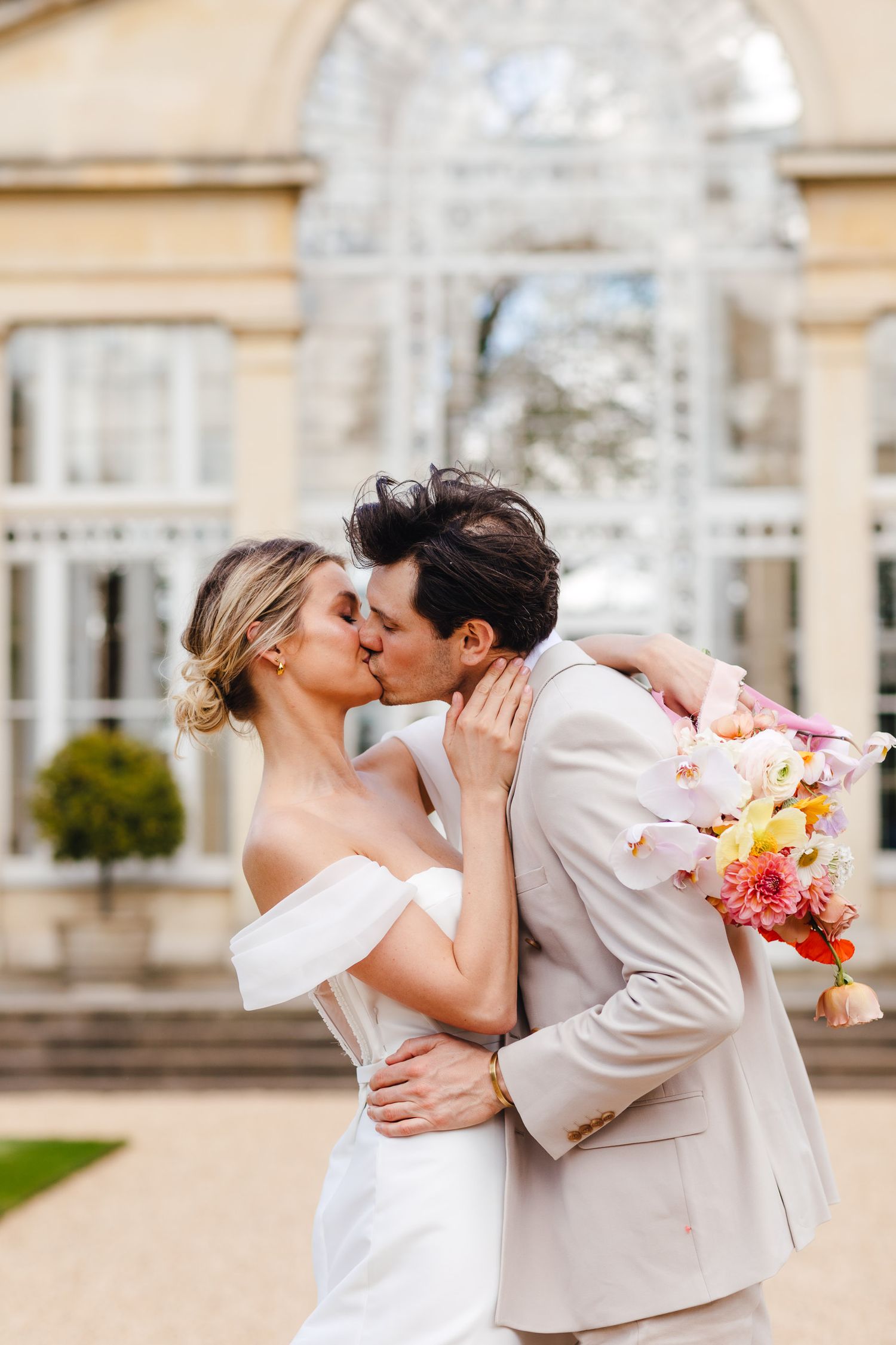 Luxury wedding photography at Syon Park London, stylish spring couple portrait in the gardens