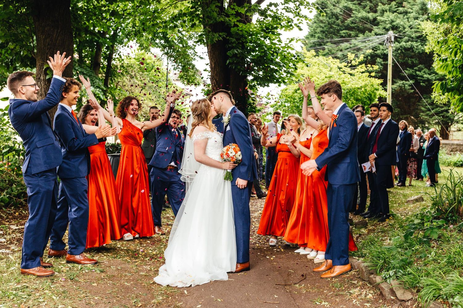 Confetti moment at Winterbourne Medieval Barn, Bristol barn wedding photography