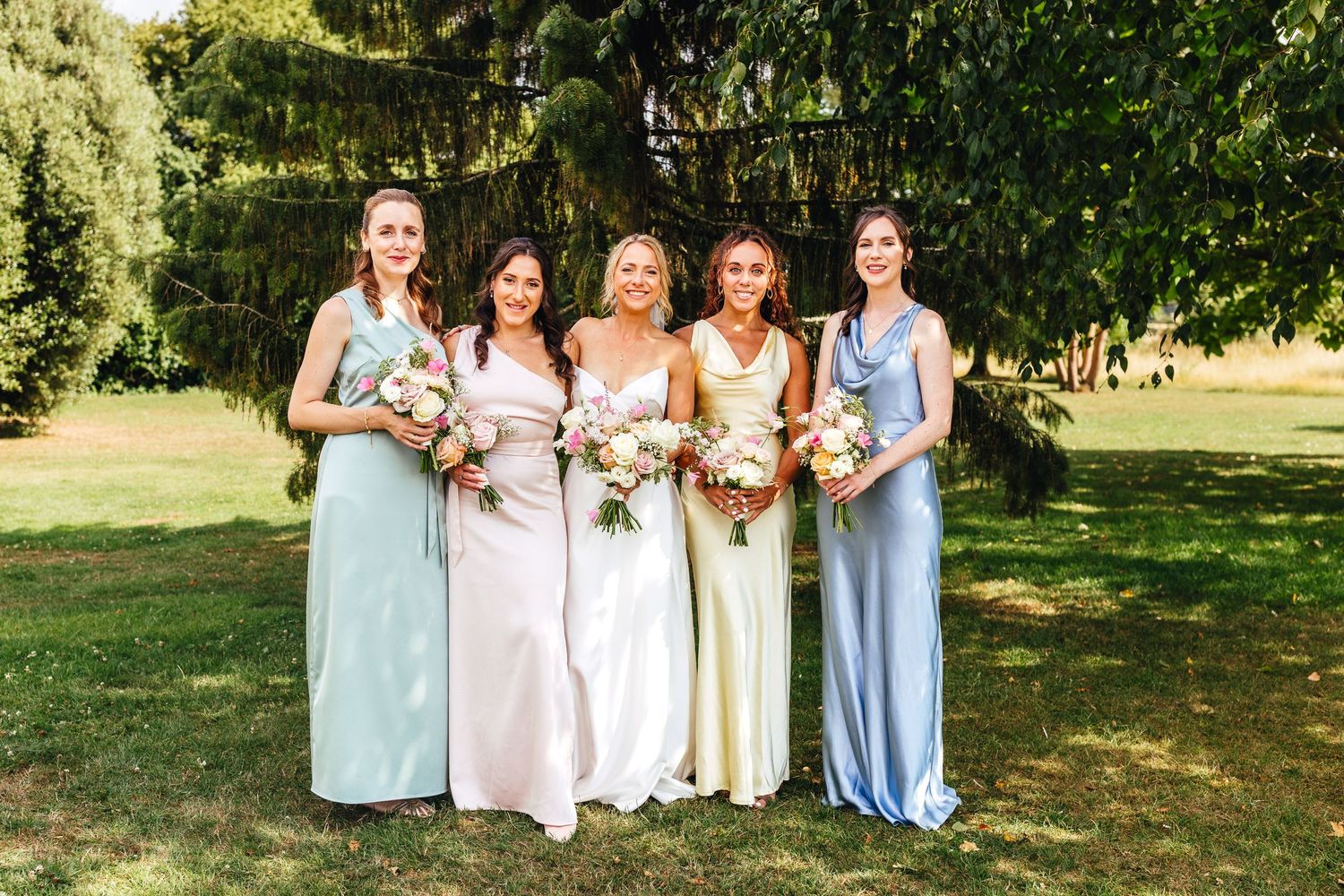 Bridesmaids portrait at Huntsmill Farm wedding, natural light wedding photography by Derbyshire photographer